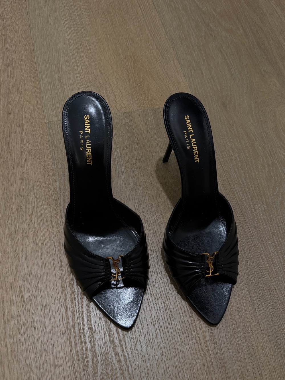 60mm Babylone YSL Ruched Leather Mule Sandals